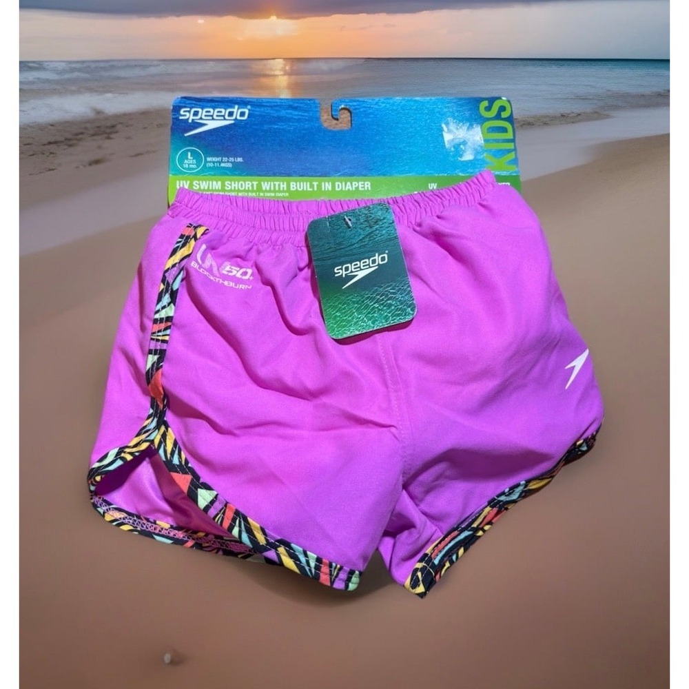NWT Baby Girls Size L 18 mo SPEEDO UV Pink Swim Shorts with Built in Diaper